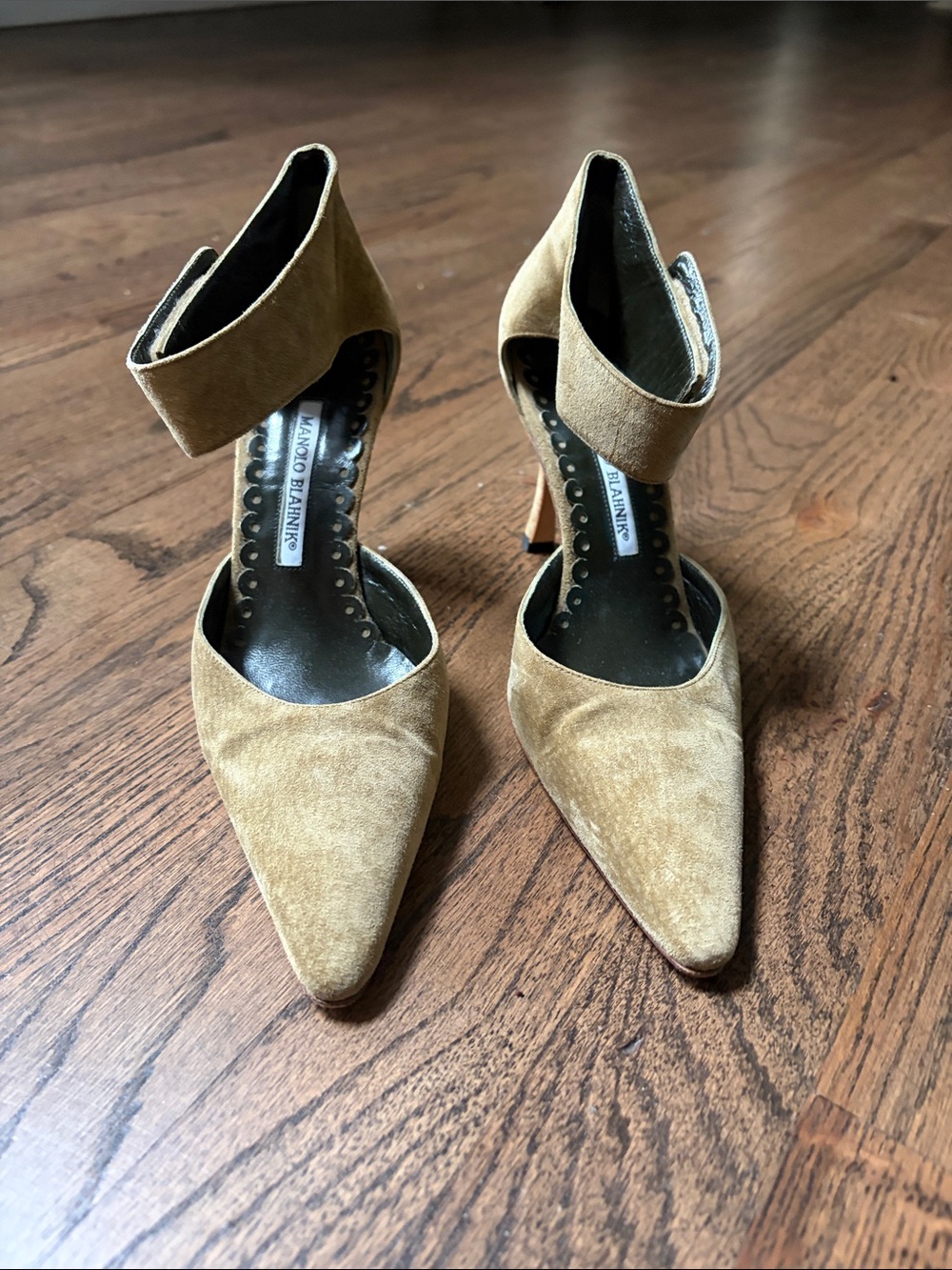 Manolo Blahnik Olive Suede Pointed-Toe Ankle-Strap Pumps